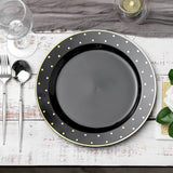 10 Pack | 10inch Black With Gold Dot Rim Plastic Dinner Plates, Round Disposable Tableware Plates
