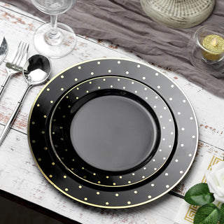 Enhance Your Event Decor with Black With Gold Dot Rim Plastic Dinner Plates