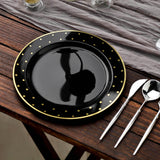 10 Pack | 10inch Black With Gold Dot Rim Plastic Dinner Plates, Round Disposable Tableware Plates