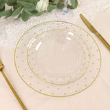 10 Pack | 10inch Clear With Gold Dot Rim Plastic Dinner Plates, Round Disposable Tableware Plates