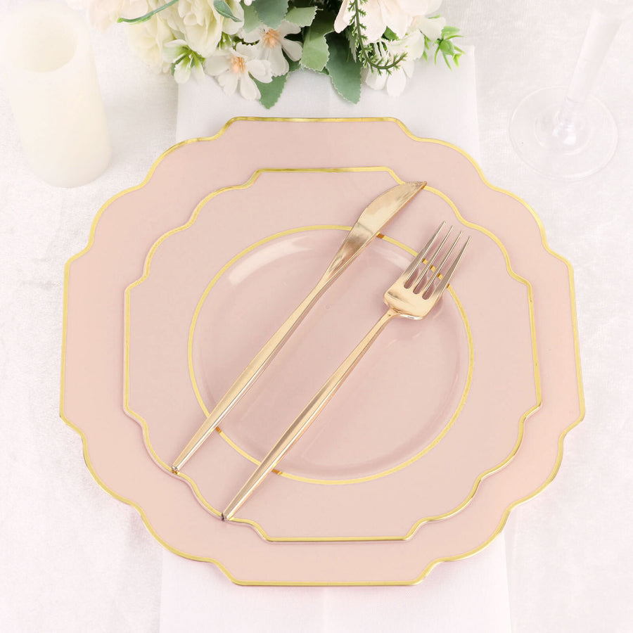 Hard Plastic Dinner Plates, Disposable Tableware, Baroque Heavy Duty Plates with Gold Rim
