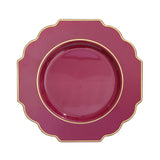 Burgundy Heavy Duty Disposable Baroque Dinner Plates with Gold Rim, Hard Plastic Dinnerware#whtbkgd