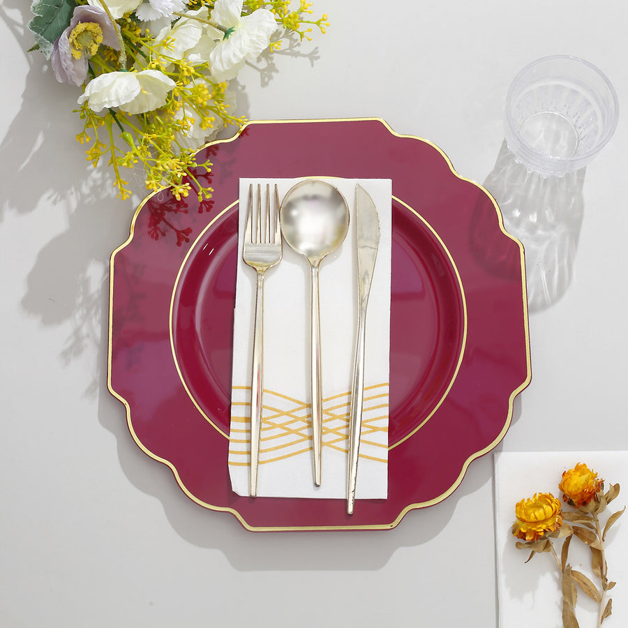 11inch Burgundy Heavy Duty Disposable Baroque Dinner Plates with Gold Rim, Hard Plastic Dinnerware