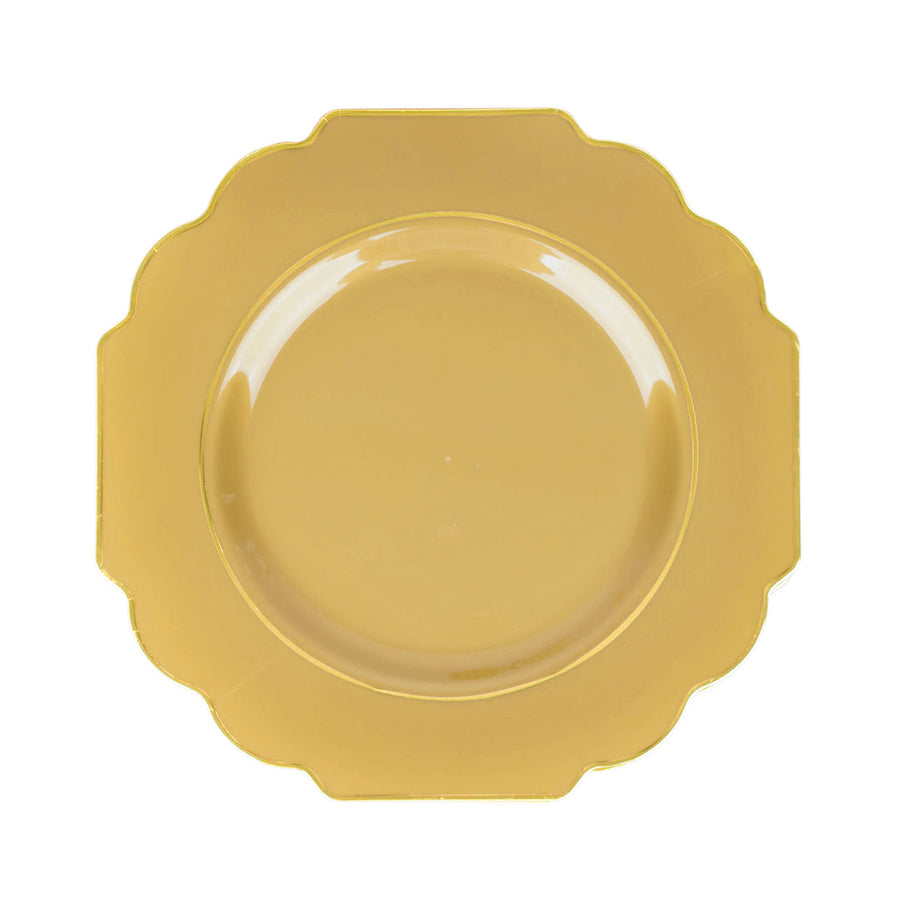 Gold Heavy Duty Disposable Baroque Dinner Plates with Gold Rim, Hard Plastic Dinnerware#whtbkgd