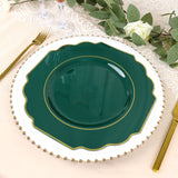 11inch Hunter Emerald Green Hard Plastic Dinner Plates, Baroque Heavy Duty Plates with Gold Rim