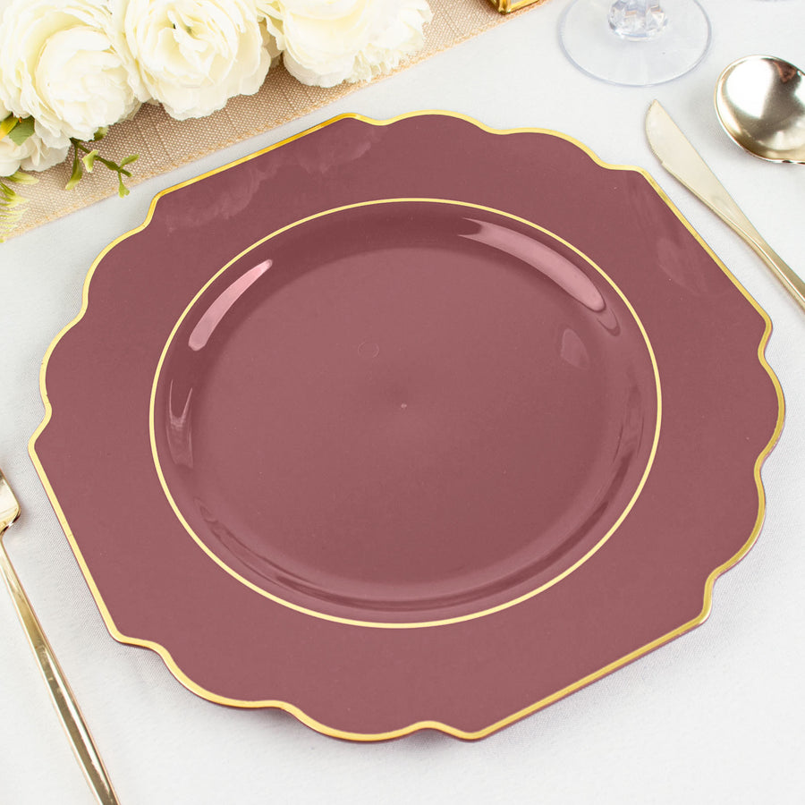 Cinnamon Rose Heavy Duty Disposable Baroque Dinner Plates with Gold Rim, Hard Plastic Dinnerware