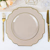 10 Pack | 11inch Taupe Heavy Duty Disposable Baroque Dinner Plates with Gold Rim