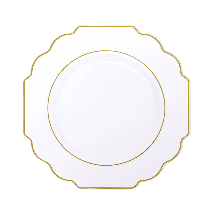 White Hard Plastic Dinner Plates, Disposable Tableware, Baroque Heavy Duty Plates Gold Rim#whtbkgd