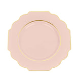 10 Pack | 8 Blush/Rose Gold Hard Plastic Dessert Appetizer Plates, Disposable Tableware, Baroque Heavy Duty Salad Plates with Gold Rim