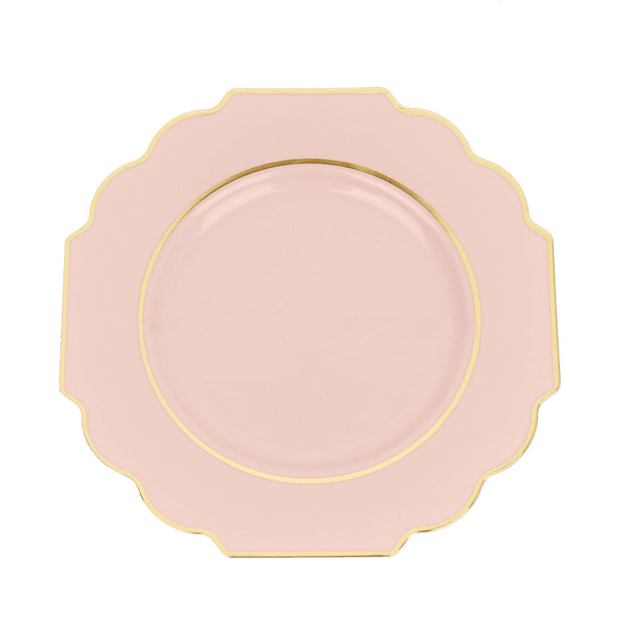 10 Pack | 8 Blush/Rose Gold Hard Plastic Dessert Appetizer Plates, Disposable Tableware, Baroque Heavy Duty Salad Plates with Gold Rim#whtbkgd