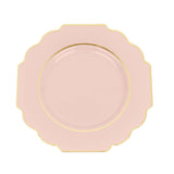 10 Pack | 8 Blush/Rose Gold Hard Plastic Dessert Appetizer Plates, Disposable Tableware, Baroque Heavy Duty Salad Plates with Gold Rim#whtbkgd