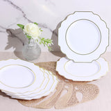 White 8inch Heavy Duty Plastic Dessert Salad Plates, Disposable Tableware, Baroque with Gold Rim
