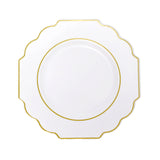 White Heavy Duty Plastic Dessert Salad Plates, Disposable Tableware, Baroque with Gold Rim#whtbkgd