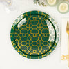 20 Pack Set | 9inch, 7inch Hunter Emerald Green Geometric Gold Print Plastic Plates