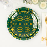 20 Pack Set | 9inch, 7inch Hunter Emerald Green Geometric Gold Print Plastic Plates