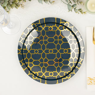Elevate Your Table Decor with Navy Blue Geometric Gold Print Plastic Plates