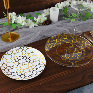 Convenience Meets Elegance with White & Clear Geometric Gold Print Plastic Plates