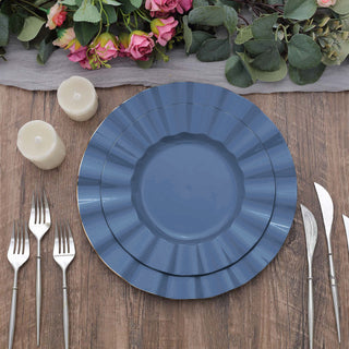 Elegant Ocean Blue Disposable Dinner Plates with Gold Ruffled Rim