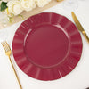 10 Pack | 11 Burgundy Disposable Dinner Plates With Gold Ruffled Rim, Round Plastic Party Plates