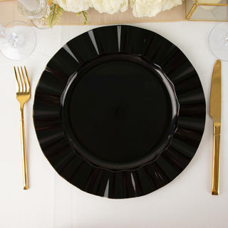 Elegant Black Disposable Dinner Plates with Gold Ruffled Rim