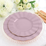 10 Pack | 11 Lavender Lilac Disposable Dinner Plates With Gold Ruffled Rim, Party Plates