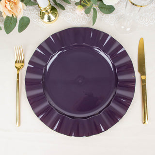Elegant Purple Disposable Dinner Plates with Gold Ruffled Rim