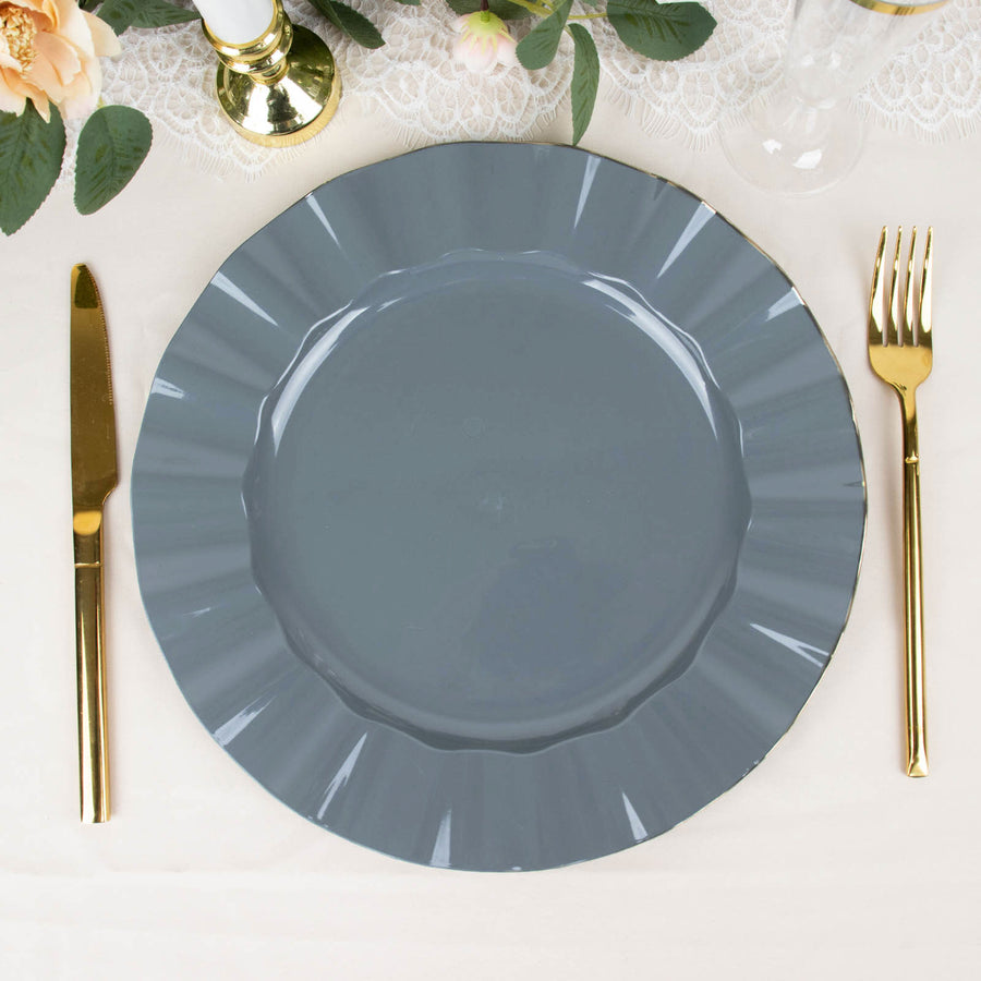 10 Pack | 11 Dusty Blue Disposable Dinner Plates With Gold Ruffled Rim, Round Plastic Party Plates