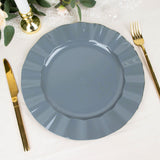 10 Pack | 11 Dusty Blue Disposable Dinner Plates With Gold Ruffled Rim, Round Plastic Party Plates