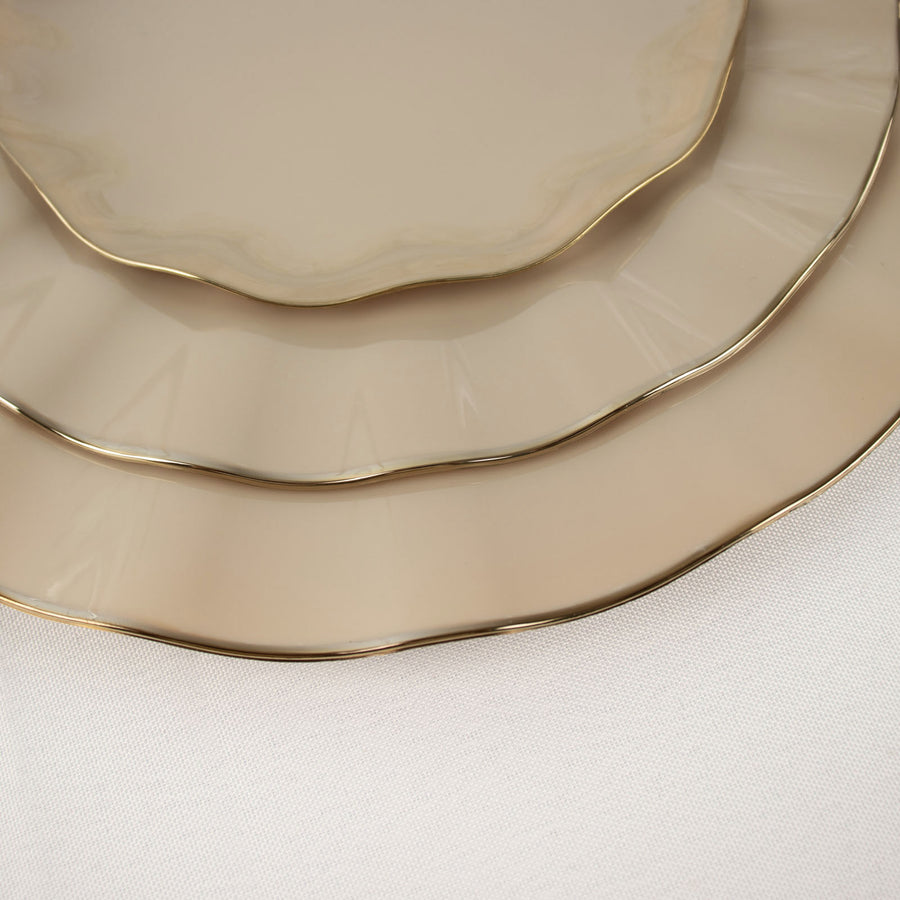 10 Pack | 11 Taupe Disposable Dinner Plates With Gold Ruffled Rim, Round Plastic Party Plates