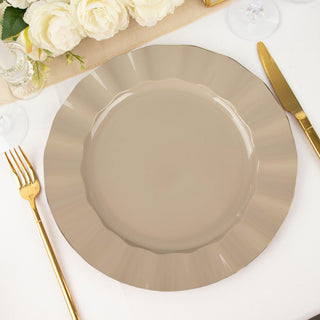 Elegant Taupe Disposable Dinner Plates with Gold Ruffled Rim
