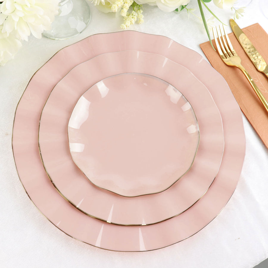 Blush / Rose Gold Disposable Salad Plates with Gold Ruffled Rim, Disposable Dessert Dinnerware