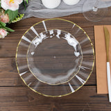 10 Pack | 6inch Clear Heavy Duty Disposable Salad Plates with Gold Ruffled Rim, Dessert Dinnerware