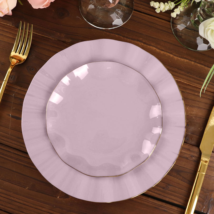 10 Pack | 6inch Lavender Lilac Heavy Duty Disposable Salad Plates with Gold Ruffled Rim