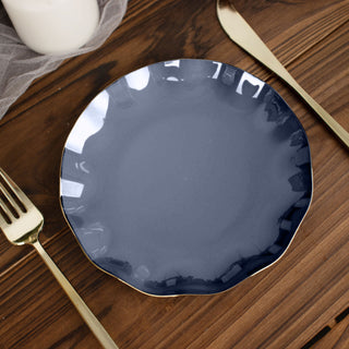 Navy Blue Heavy Duty Disposable Salad Plates with Gold Ruffled Rim