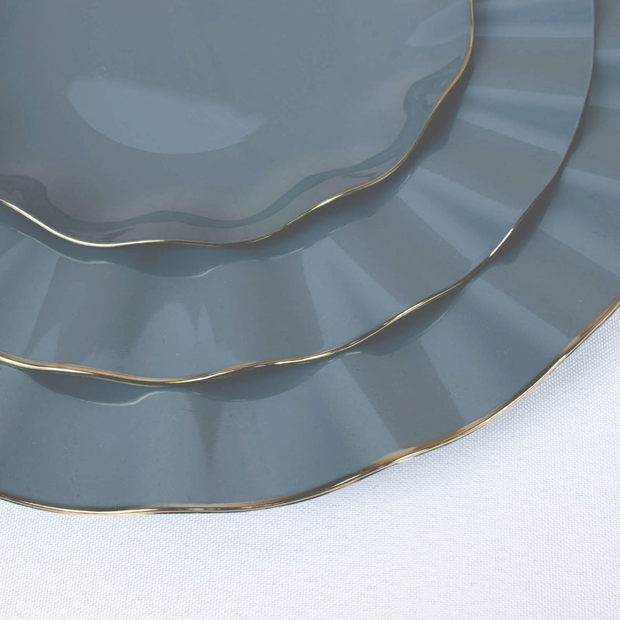 10 Pack | 6inch Dusty Blue Heavy Duty Disposable Salad Plates with Gold Ruffled Rim, Heavy Duty