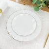 10 Pack | White 6inch Round Plastic Dessert Plates, Disposable Tableware with Gold Wavy Rim