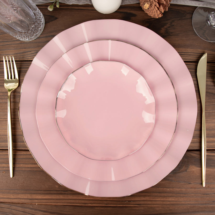 9inch Dusty Rose Heavy Duty Disposable Dinner Plates Gold Ruffled Rim, Plastic Dinnerware