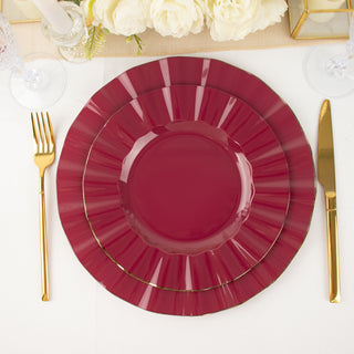 Burgundy Heavy Duty Disposable Dinner Plates with Gold Ruffled Rim