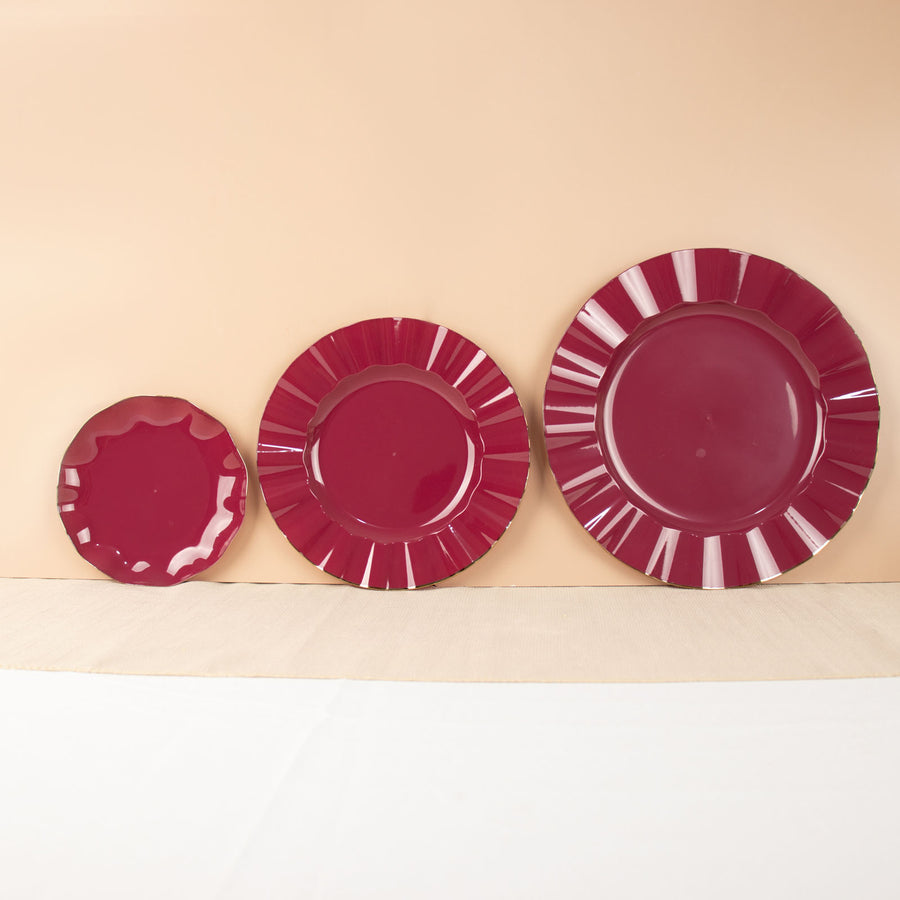 9inch Burgundy Heavy Duty Disposable Dinner Plates with Gold Ruffled Rim, Hard Plastic Dinnerware