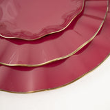 9inch Burgundy Heavy Duty Disposable Dinner Plates with Gold Ruffled Rim, Hard Plastic Dinnerware