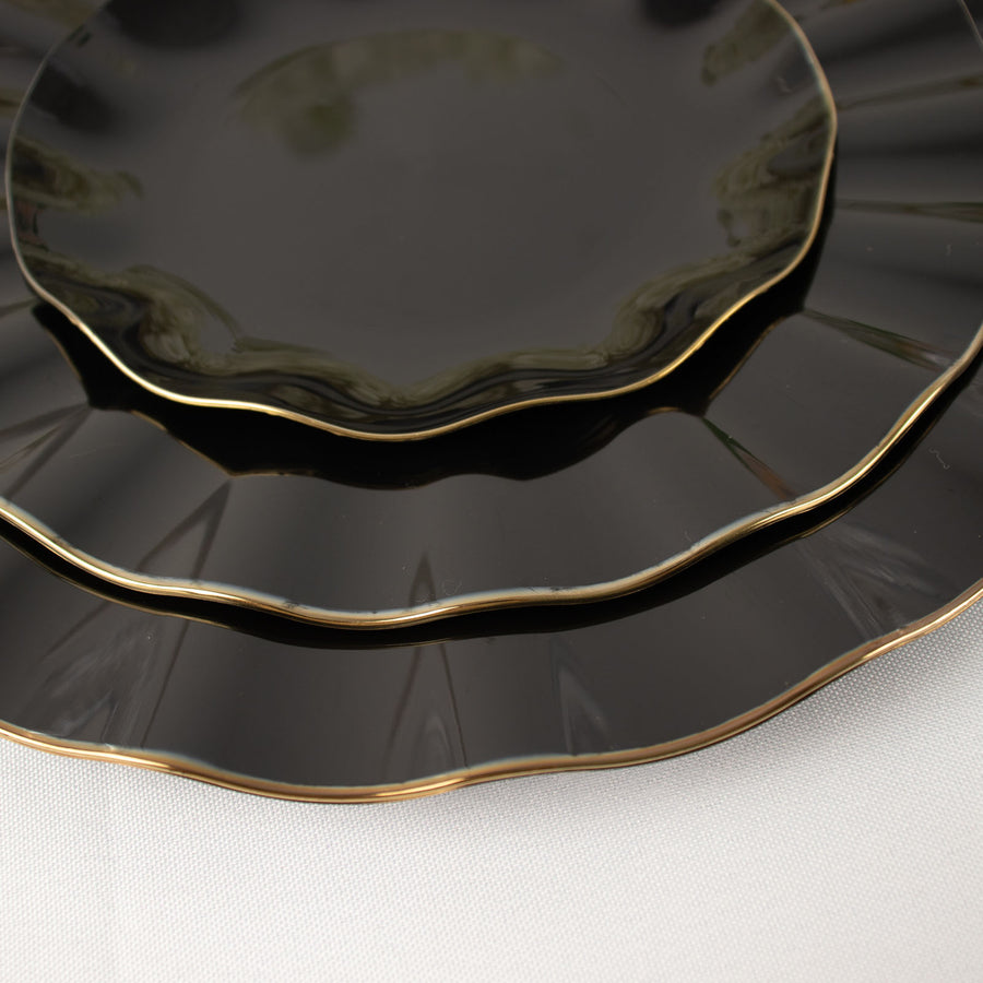 9inch Black Heavy Duty Disposable Dinner Plates with Gold Ruffled Rim, Hard Plastic Dinnerware