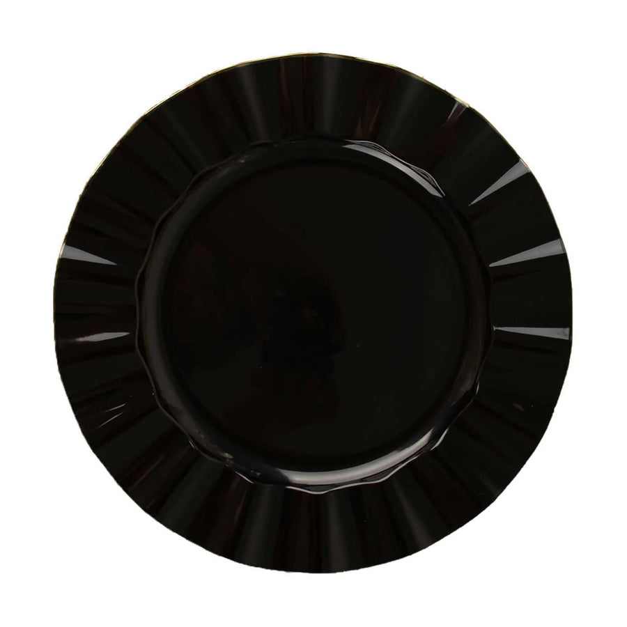 9inch Black Heavy Duty Disposable Dinner Plates with Gold Ruffled Rim, Plastic Dinnerware#whtbkgd