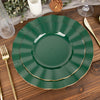 9inch Hunter Emerald Green Heavy Duty Disposable Dinner Plates Gold Ruffled Rim, Plastic Dinnerware