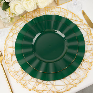 Elegant Hunter Emerald Green Dinner Plates with Gold Ruffled Rim