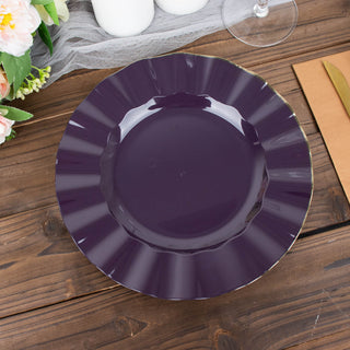 Purple Heavy Duty Disposable Dinner Plates with Gold Ruffled Rim