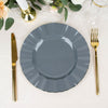 10 Pack | 9inch Dusty Blue Heavy Duty Disposable Dinner Plates with Gold Ruffled Rim, Hard Plastic