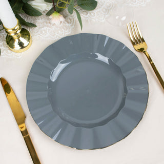 Dusty Blue Heavy Duty Disposable Dinner Plates with Gold Ruffled Rim