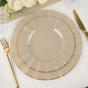 10 Pack 9" Taupe Heavy Duty Disposable Dinner Plates with Gold Ruffled Rim, Hard Plastic Dinnerware