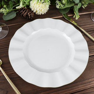 White Heavy Duty Disposable Dinner Plates with Gold Ruffled Rim