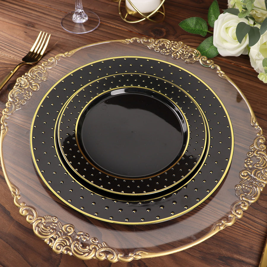 10inch Black / Gold 3D Disposable Dinner Plates With Dotted Rim Design, Round Plastic Party Plates